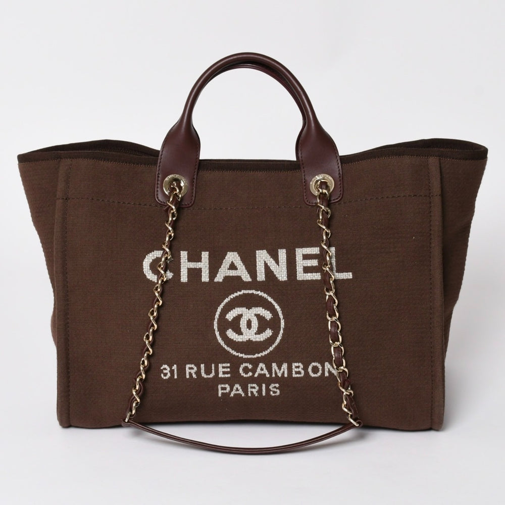 極美品 CHANEL シャネル ドーヴィルライン ラージ ショッピングバッグGM 2WAY A66941 ランダム番台 キャンバス レザー ブラウン 中古 4a002405