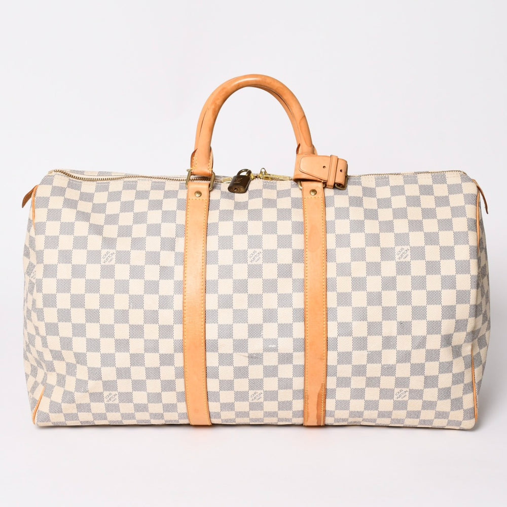 LOUIS VUITTON ルイヴィトン キーポル50 ボストンバッグ N41430 ダミエアズールキャンバス ヌメ革 ホワイト 美品 中古 4a002402