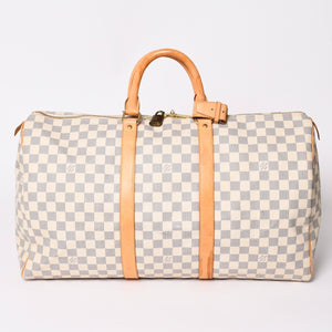 LOUIS VUITTON ルイヴィトン キーポル50 ボストンバッグ N41430 ダミエアズールキャンバス ヌメ革 ホワイト 美品 中古 4a002402