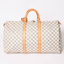 画像をギャラリービューアに読み込む, LOUIS VUITTON ルイヴィトン キーポル50 ボストンバッグ N41430 ダミエアズールキャンバス ヌメ革 ホワイト 美品 中古 4a002402