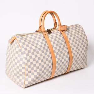 LOUIS VUITTON ルイヴィトン キーポル50 ボストンバッグ N41430 ダミエアズールキャンバス ヌメ革 ホワイト 美品 中古 4a002402