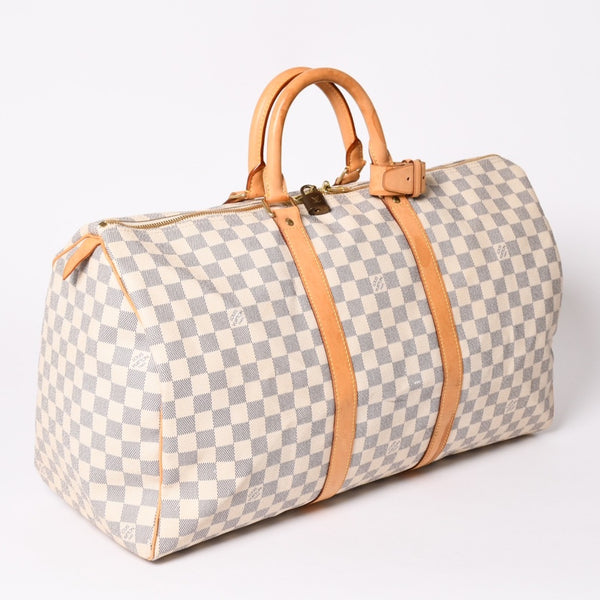 LOUIS VUITTON ルイヴィトン キーポル50 ボストンバッグ N41430 ダミエアズールキャンバス ヌメ革 ホワイト 美品 中古 4a002402