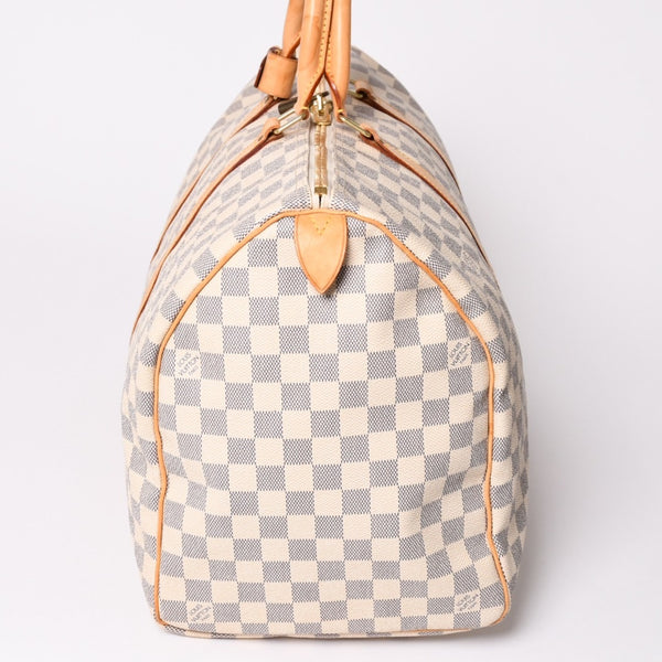LOUIS VUITTON ルイヴィトン キーポル50 ボストンバッグ N41430 ダミエアズールキャンバス ヌメ革 ホワイト 美品 中古 4a002402
