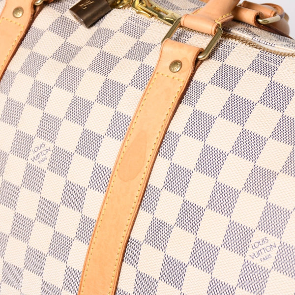LOUIS VUITTON ルイヴィトン キーポル50 ボストンバッグ N41430 ダミエアズールキャンバス ヌメ革 ホワイト 美品 中古 4a002402