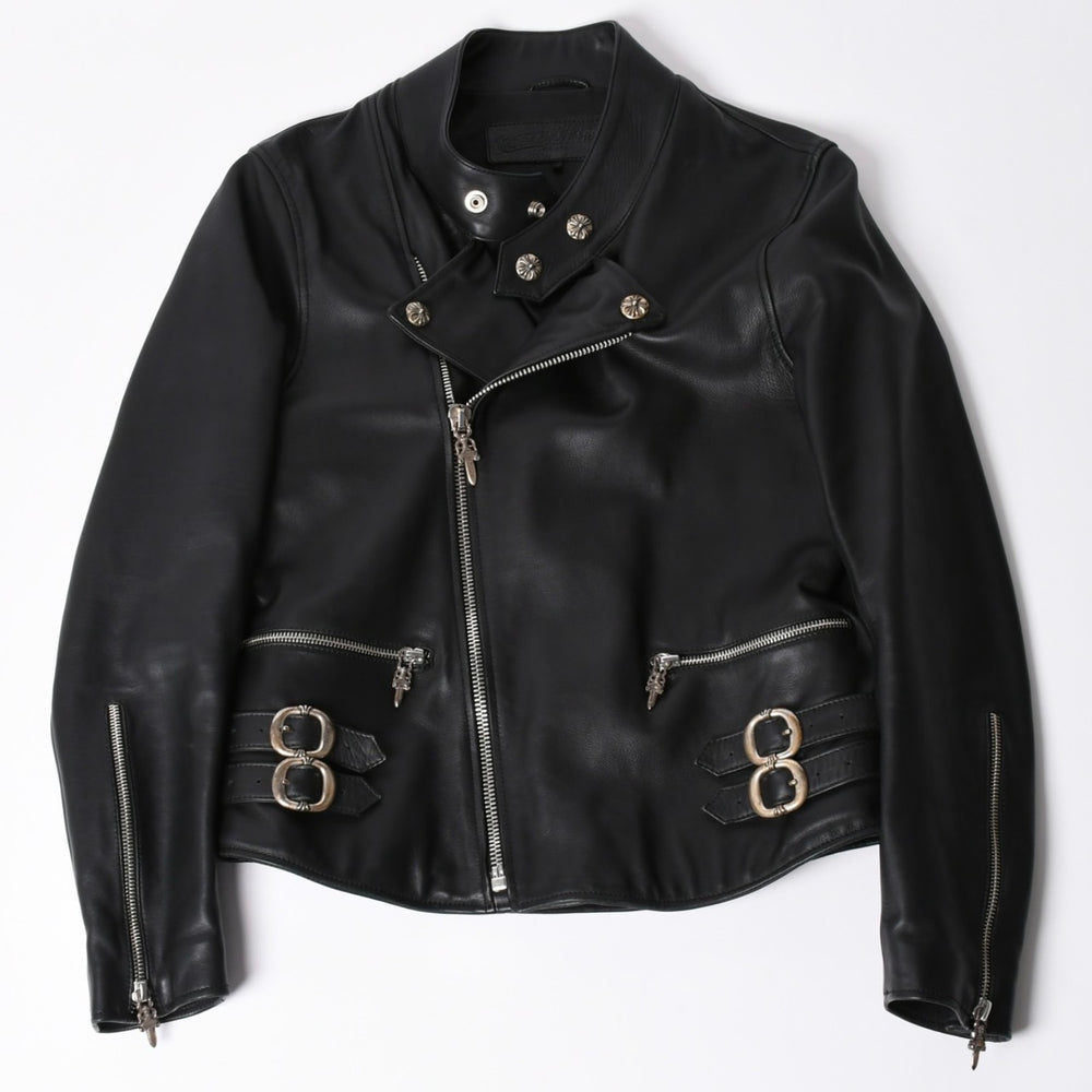 極美品 CHROME HEARTS クロムハーツ 純正ガーメントケース付属 クロスボールボタン ダガージップ スクロールラベル ガンスリンガー レザー セミダブルライダース ジャケット ブラック S 美品 中古 4a002420