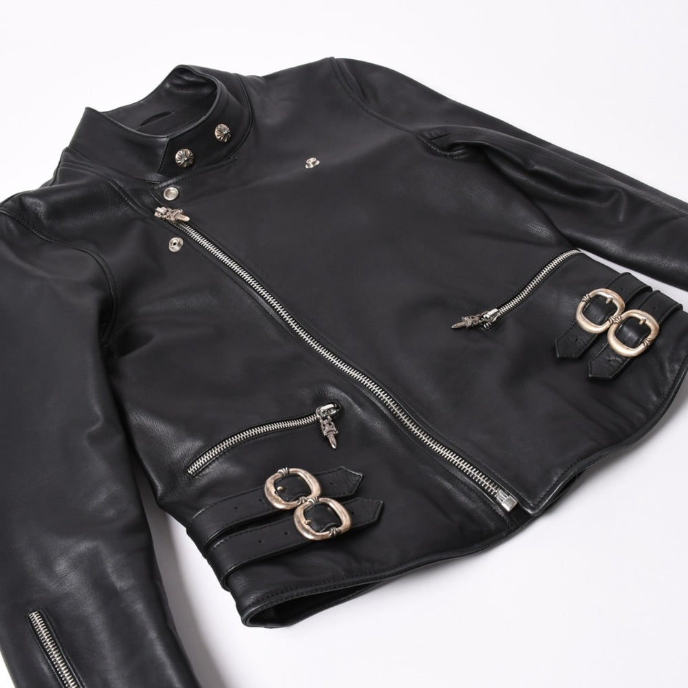 極美品 CHROME HEARTS クロムハーツ 純正ガーメントケース付属 クロスボールボタン ダガージップ スクロールラベル ガンスリンガー レザー セミダブルライダース ジャケット ブラック S 美品 中古 4a002420