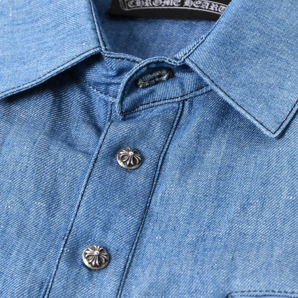 Very Good Condition CHROME HEARTS Denim Short Sleeve Polo Shirt Size M CH Cross Patch Cross Ball Button Blue Silver 925 Used 4a000954