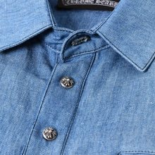 画像をギャラリービューアに読み込む, 極美品 CHROME HEARTS クロムハーツ デニム半袖ポロシャツ サイズM CHクロスパッチ クロスボールボタン ブルー シルバー925 中古 4a000954