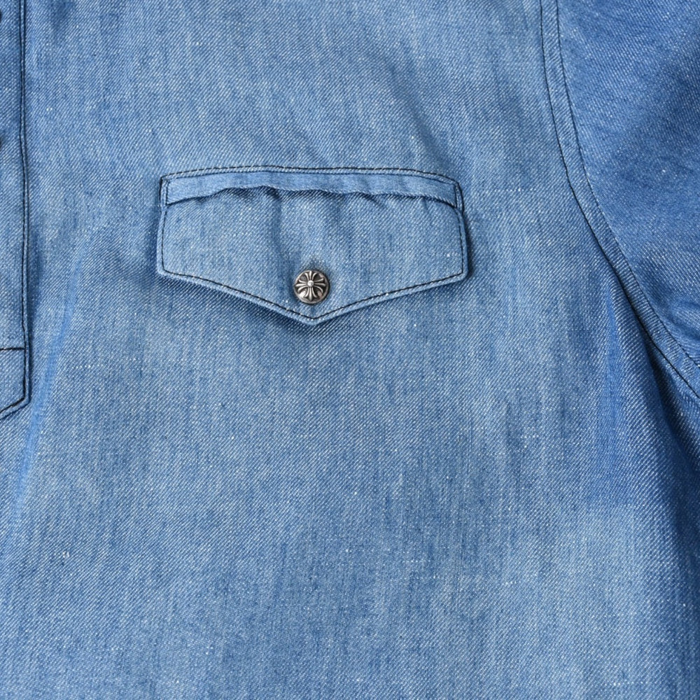 Very Good Condition CHROME HEARTS Denim Short Sleeve Polo Shirt Size M CH Cross Patch Cross Ball Button Blue Silver 925 Used 4a000954