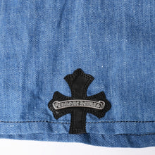 画像をギャラリービューアに読み込む, 極美品 CHROME HEARTS クロムハーツ デニム半袖ポロシャツ サイズM CHクロスパッチ クロスボールボタン ブルー シルバー925 中古 4a000954