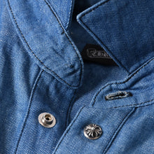 画像をギャラリービューアに読み込む, 極美品 CHROME HEARTS クロムハーツ デニム半袖ポロシャツ サイズM CHクロスパッチ クロスボールボタン ブルー シルバー925 中古 4a000954