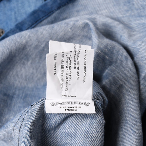 極美品 CHROME HEARTS クロムハーツ デニム半袖ポロシャツ サイズM CHクロスパッチ クロスボールボタン ブルー シルバー925 中古 4a000954
