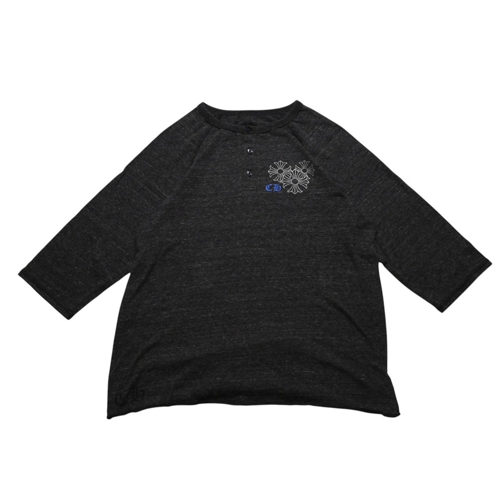 極美品 CHROME HEARTS クロムハーツ ヘンリーネック 7部袖Tシャツ サイズM CHプラス サークルロゴ チャコールグレー 中古 4a002863