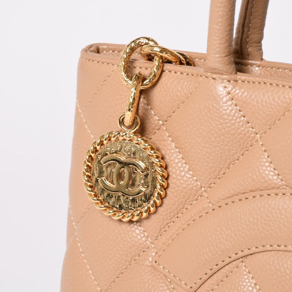 極美品 CHANEL シャネル 復刻トート 10番台 ハンドバッグ ココマーク キャビアスキン ベージュ ゴールド金具 10896470 中古 4a001989