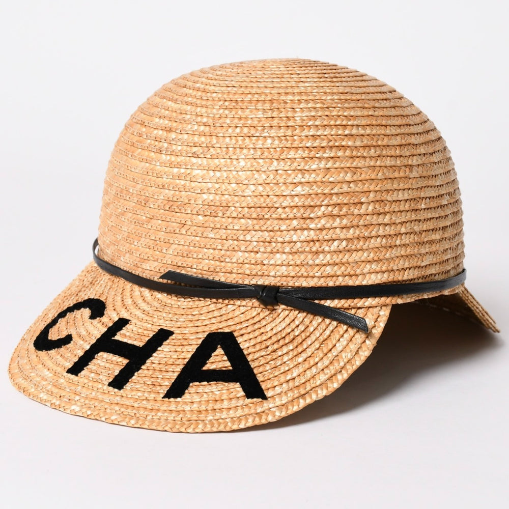 極美品 CHANEL シャネル ストローハット 麦わら帽子 AA0408 サイズS ロゴパッチ ココマーク ストロー レザー ベージュ 中古 4a002453