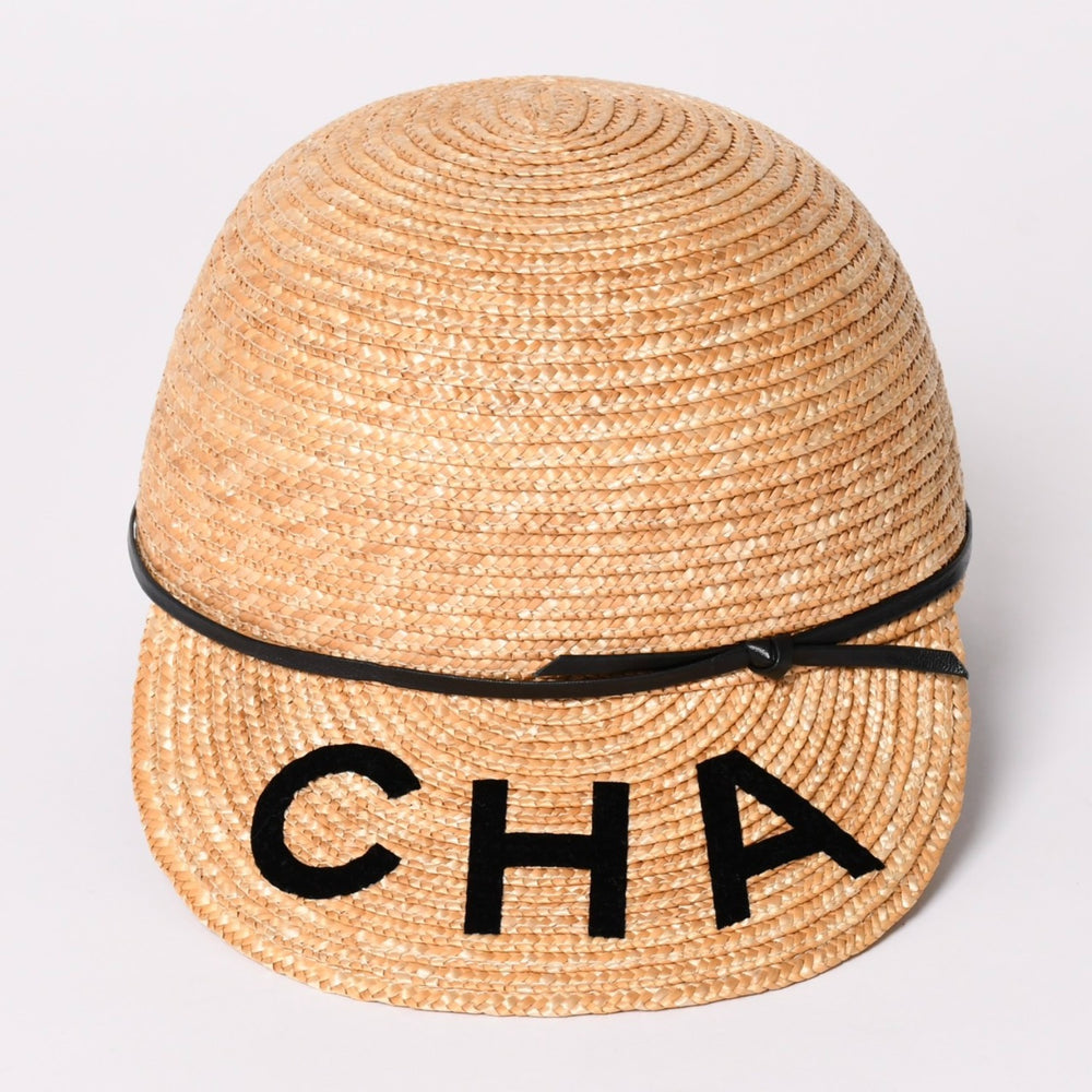 極美品 CHANEL シャネル ストローハット 麦わら帽子 AA0408 サイズS ロゴパッチ ココマーク ストロー レザー ベージュ 中古 4a002453