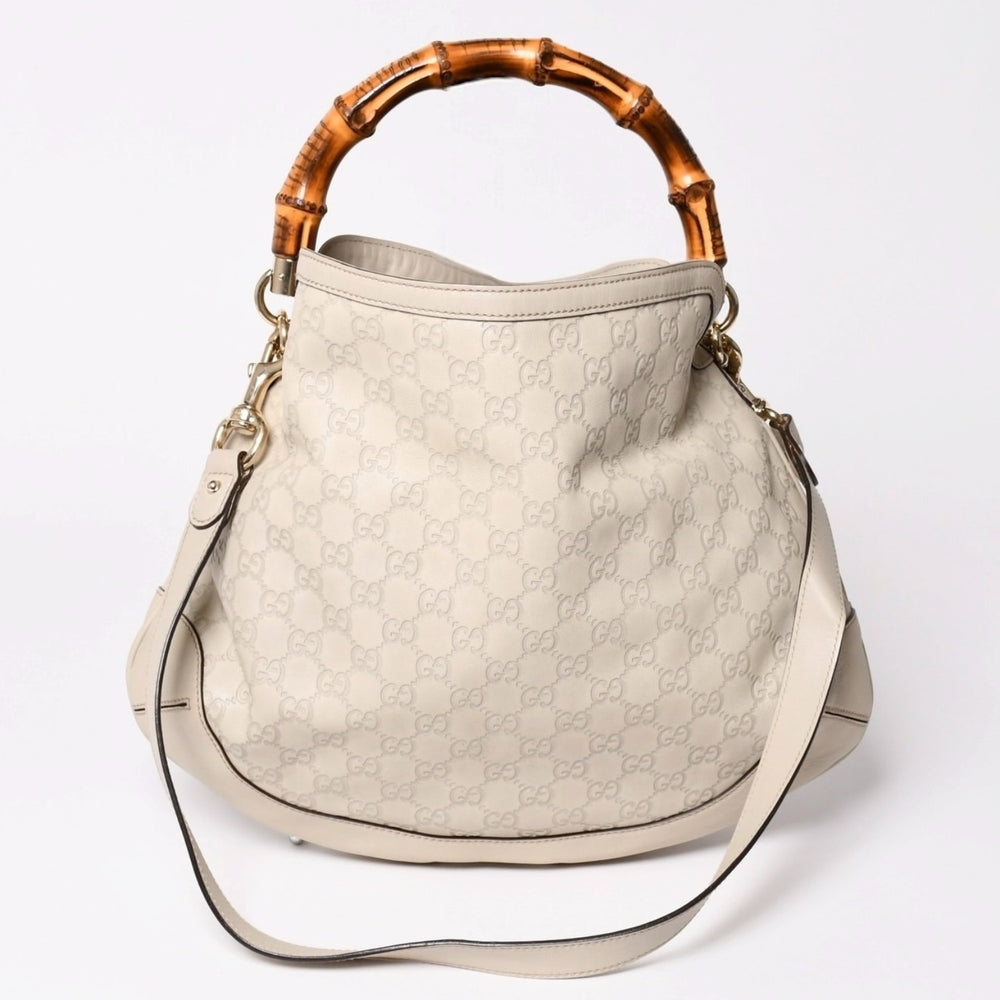 GUCCI グッチ GGキャンバス バンブー ハンドバッグ ベージュ ホワイト ショルダーストラップ 169961 ゴールド金具 美品 中古 4a002050
