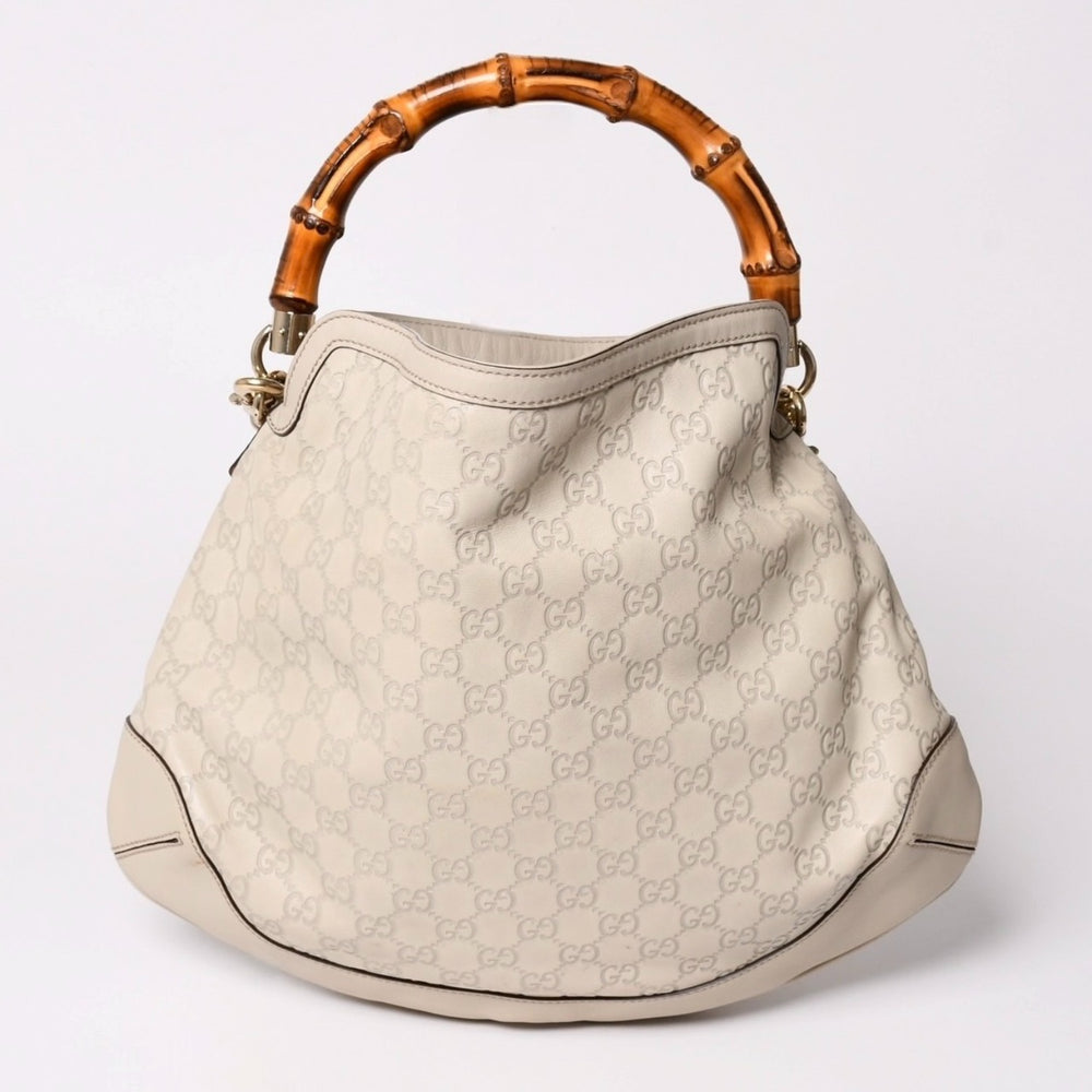 GUCCI グッチ GGキャンバス バンブー ハンドバッグ ベージュ ホワイト ショルダーストラップ 169961 ゴールド金具 美品 中古 4a002050