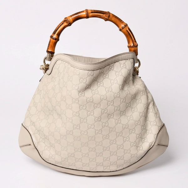 GUCCI グッチ GGキャンバス バンブー ハンドバッグ ベージュ ホワイト ショルダーストラップ 169961 ゴールド金具 美品 中古 4a002050