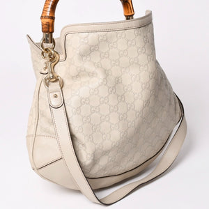 GUCCI グッチ GGキャンバス バンブー ハンドバッグ ベージュ ホワイト ショルダーストラップ 169961 ゴールド金具 美品 中古 4a002050
