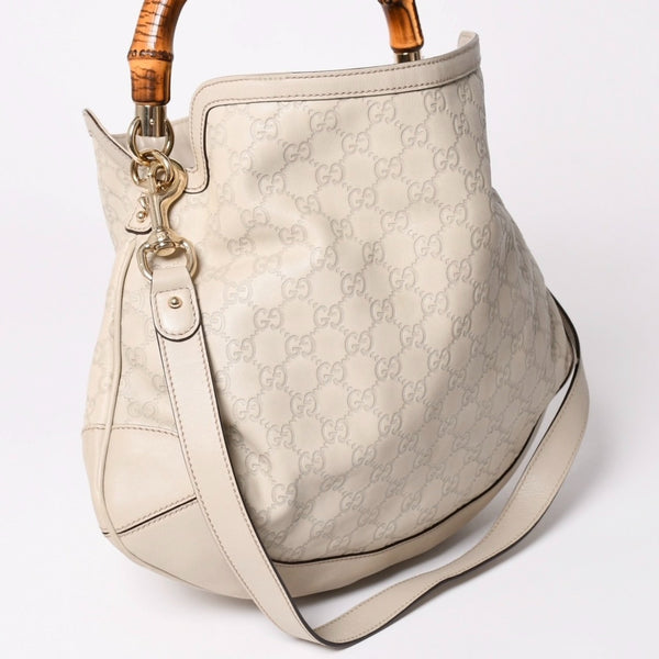 GUCCI グッチ GGキャンバス バンブー ハンドバッグ ベージュ ホワイト ショルダーストラップ 169961 ゴールド金具 美品 中古 4a002050