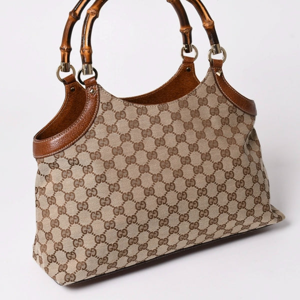 極美品 GUCCI グッチ GGキャンバス バンブー 137395 ハンドバッグ トートバッグ ブラウン 中古 4a001128