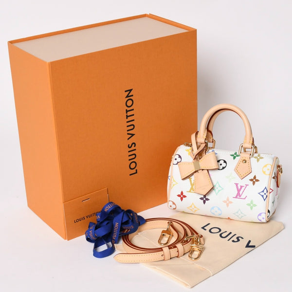 新品同様 LOUIS VUITTON ルイヴィトン ナノ スピーディ ハンドバッグ M13391 モノグラム マルチカラー ホワイト 村上隆 中古 4a002520