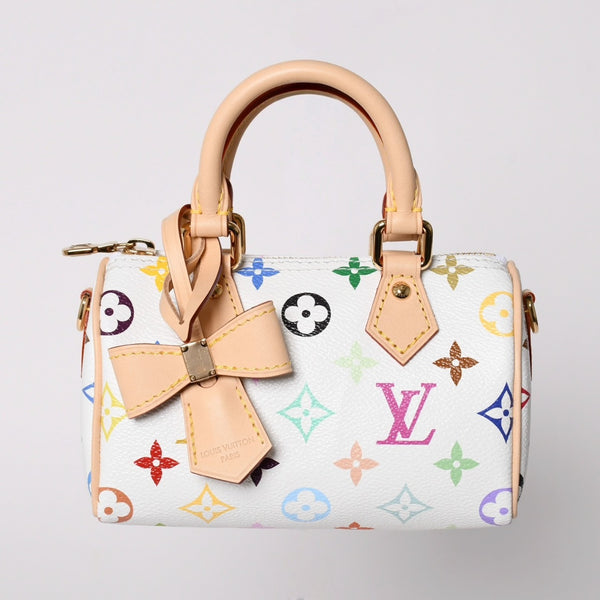 新品同様 LOUIS VUITTON ルイヴィトン ナノ スピーディ ハンドバッグ M13391 モノグラム マルチカラー ホワイト 村上隆 中古 4a002520