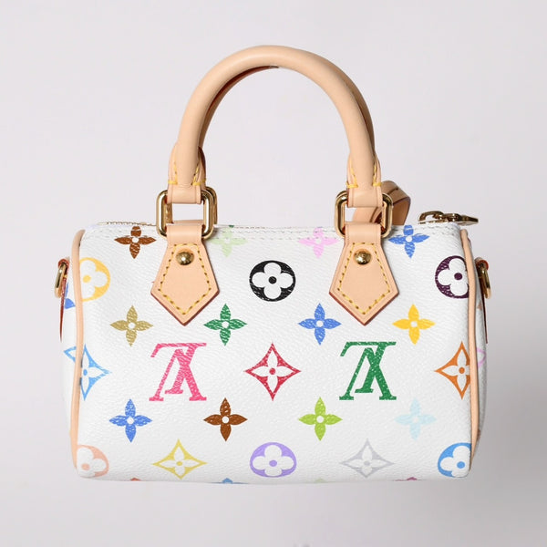 新品同様 LOUIS VUITTON ルイヴィトン ナノ スピーディ ハンドバッグ M13391 モノグラム マルチカラー ホワイト 村上隆 中古 4a002520