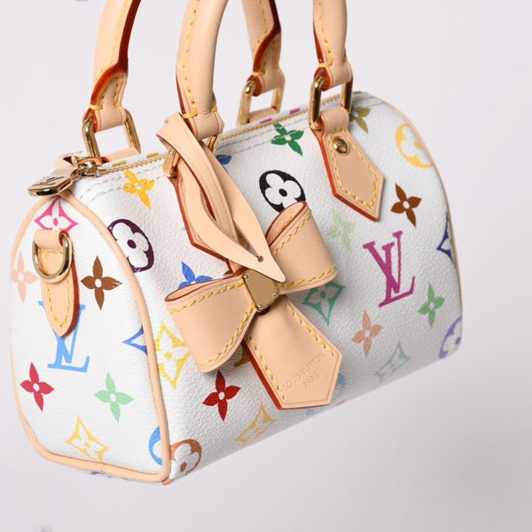 新品同様 LOUIS VUITTON ルイヴィトン ナノ スピーディ ハンドバッグ M13391 モノグラム マルチカラー ホワイト 村上隆 中古 4a002520