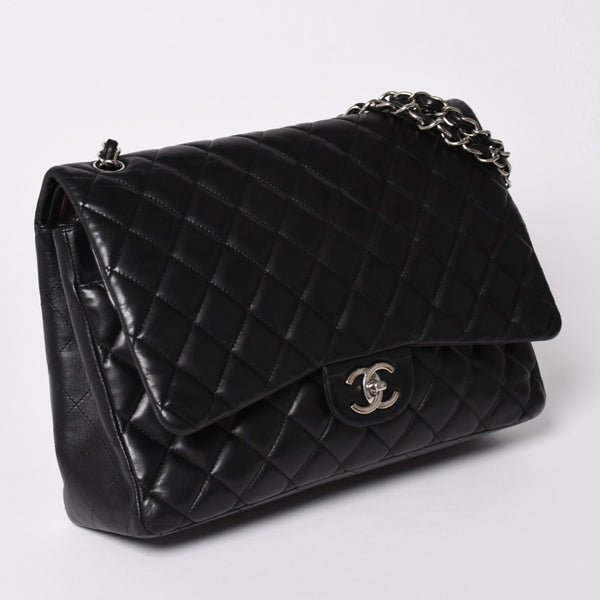 CHANEL CHANEL Deca Matelasse 33 W Flap W Chain Shoulder Bag Coco Mark Calfskin Black Silver Hardware Good Condition Used 4a002396