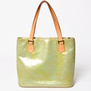 LOUIS VUITTON ルイヴィトン モノグラム ヴェルーニ ヒューストン F285 グリーン ハンドバッグ ゴールド金具 美品 中古 4a003024