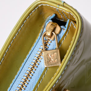 LOUIS VUITTON ルイヴィトン モノグラム ヴェルーニ ヒューストン F285 グリーン ハンドバッグ ゴールド金具 美品 中古 4a003024