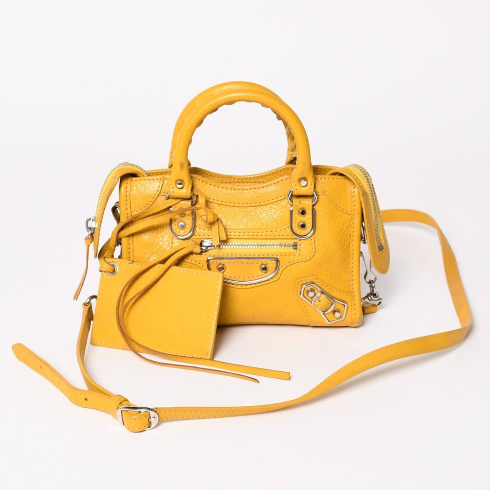 BALENCIAGA バレンシアガ Le City バッグ ミニ ラムスキン ブラスハードウェア 453293・7160・B・535269 イエロー 美品 中古 4a002932