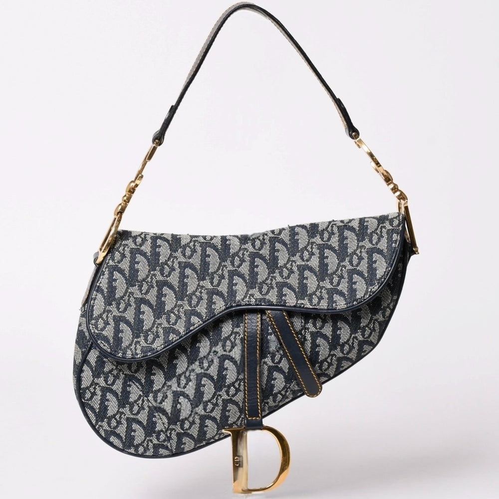 Very Good Condition Christian Dior Saddle Bag Trotter Navy All Over Pattern Cotton Canvas Shoulder Bag Used 4a002744