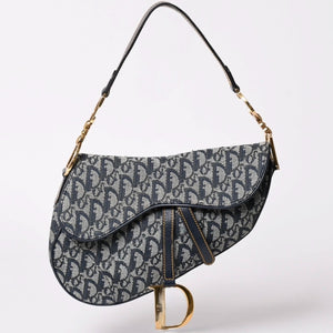 極美品 Christian Dior クリスチャンディオール サドルバッグ トロッター ネイビー 総柄 コットンキャンバス ショルダーバッグ 中古 4a002744