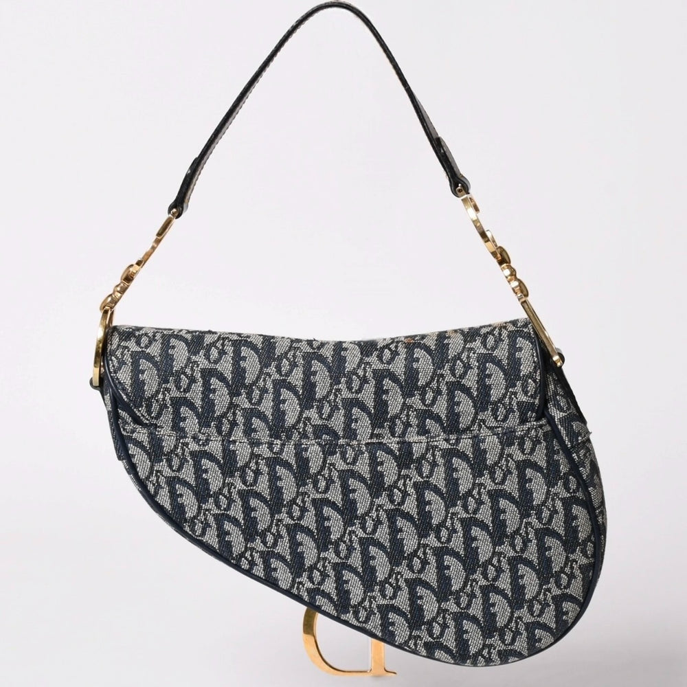 Very Good Condition Christian Dior Saddle Bag Trotter Navy All Over Pattern Cotton Canvas Shoulder Bag Used 4a002744