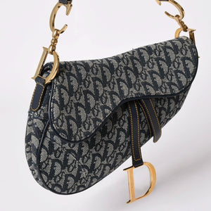 極美品 Christian Dior クリスチャンディオール サドルバッグ トロッター ネイビー 総柄 コットンキャンバス ショルダーバッグ 中古 4a002744