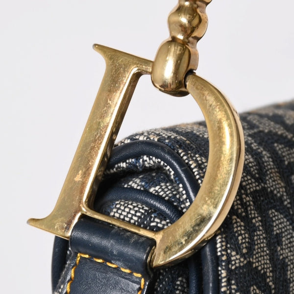 極美品 Christian Dior クリスチャンディオール サドルバッグ トロッター ネイビー 総柄 コットンキャンバス ショルダーバッグ 中古 4a002744
