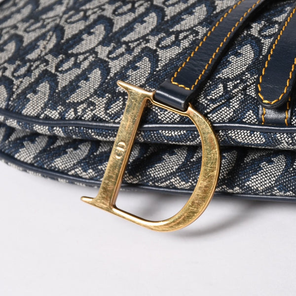 極美品 Christian Dior クリスチャンディオール サドルバッグ トロッター ネイビー 総柄 コットンキャンバス ショルダーバッグ 中古 4a002744