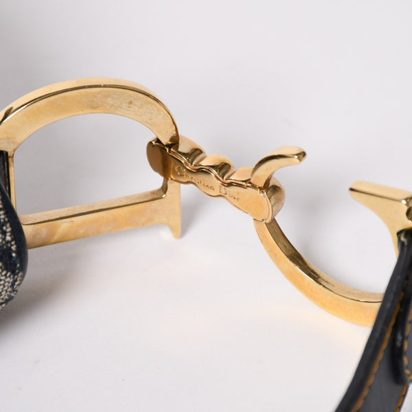 極美品 Christian Dior クリスチャンディオール サドルバッグ トロッター ネイビー 総柄 コットンキャンバス ショルダーバッグ 中古 4a002744