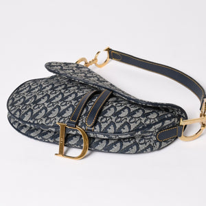 極美品 Christian Dior クリスチャンディオール サドルバッグ トロッター ネイビー 総柄 コットンキャンバス ショルダーバッグ 中古 4a002744
