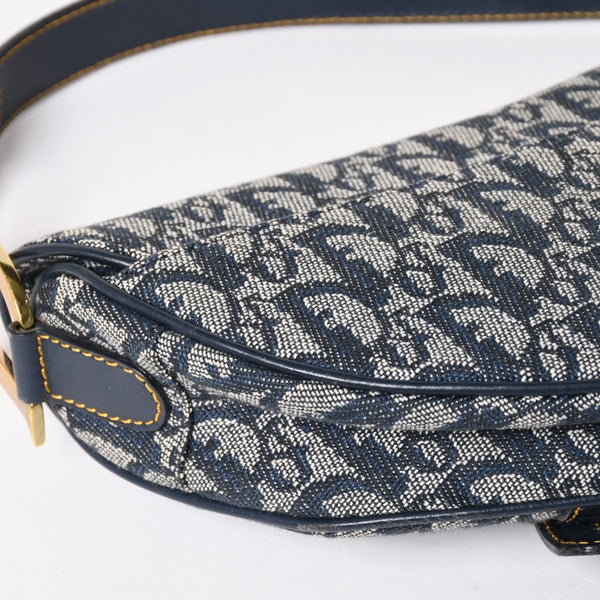 極美品 Christian Dior クリスチャンディオール サドルバッグ トロッター ネイビー 総柄 コットンキャンバス ショルダーバッグ 中古 4a002744