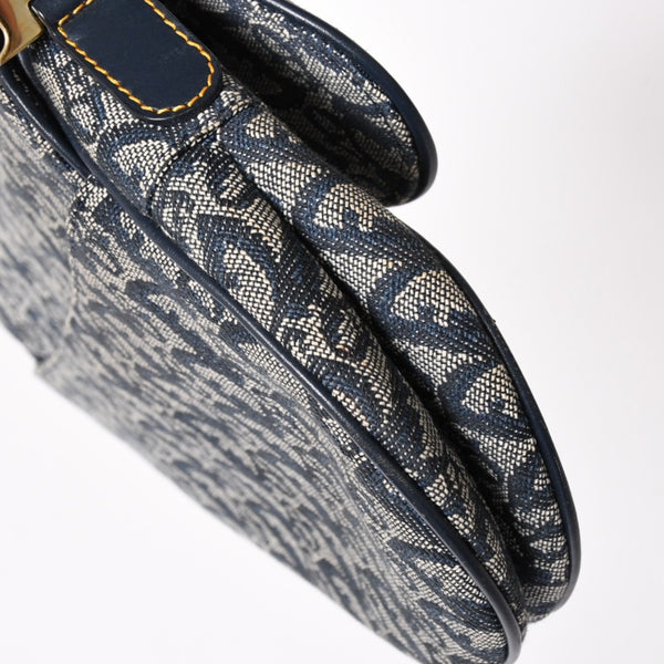 極美品 Christian Dior クリスチャンディオール サドルバッグ トロッター ネイビー 総柄 コットンキャンバス ショルダーバッグ 中古 4a002744