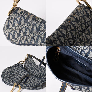 極美品 Christian Dior クリスチャンディオール サドルバッグ トロッター ネイビー 総柄 コットンキャンバス ショルダーバッグ 中古 4a002744