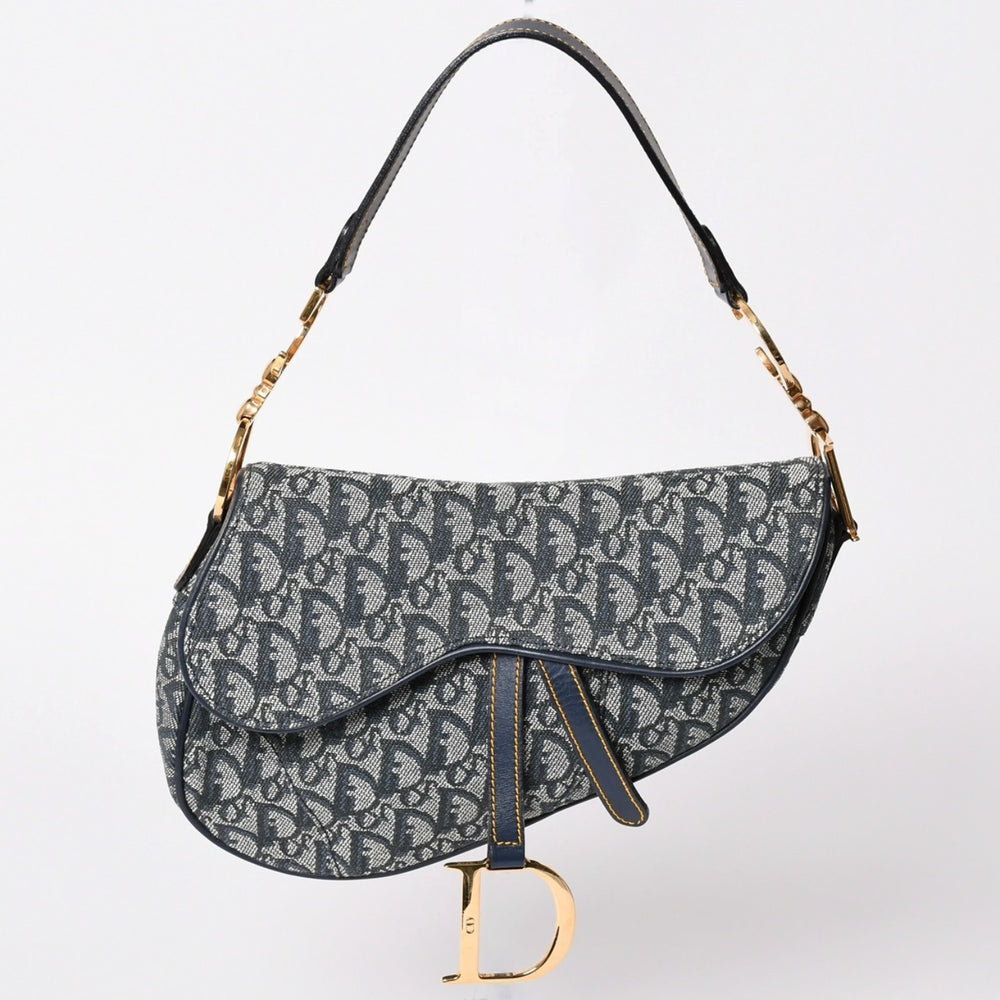 極美品 Christian Dior クリスチャンディオール サドルバッグ トロッター ネイビー 総柄 コットンキャンバス ショルダーバッグ RU0010 中古 4a002003