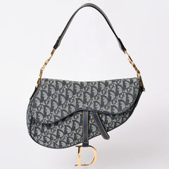極美品 Christian Dior クリスチャンディオール サドルバッグ トロッター ネイビー 総柄 コットンキャンバス ショルダーバッグ RU0010 中古 4a002003