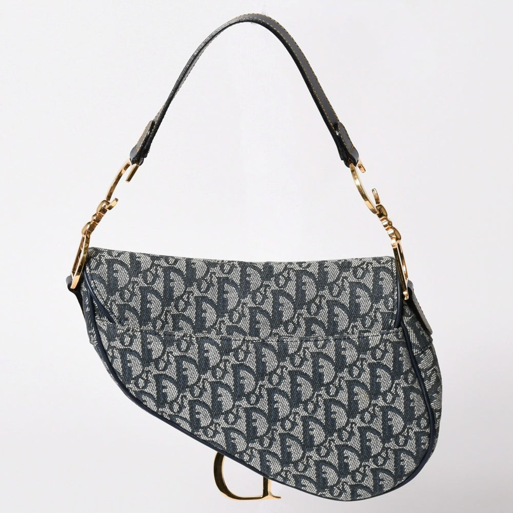 極美品 Christian Dior クリスチャンディオール サドルバッグ トロッター ネイビー 総柄 コットンキャンバス ショルダーバッグ RU0010 中古 4a002003