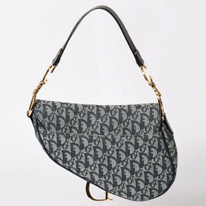 極美品 Christian Dior クリスチャンディオール サドルバッグ トロッター ネイビー 総柄 コットンキャンバス ショルダーバッグ RU0010 中古 4a002003