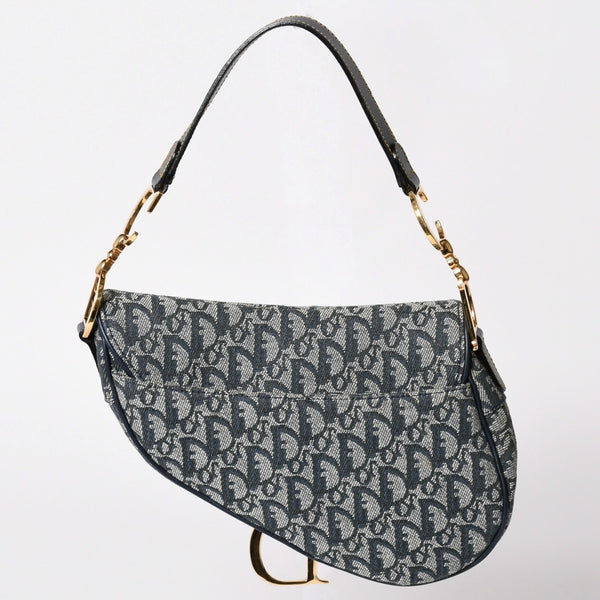極美品 Christian Dior クリスチャンディオール サドルバッグ トロッター ネイビー 総柄 コットンキャンバス ショルダーバッグ RU0010 中古 4a002003